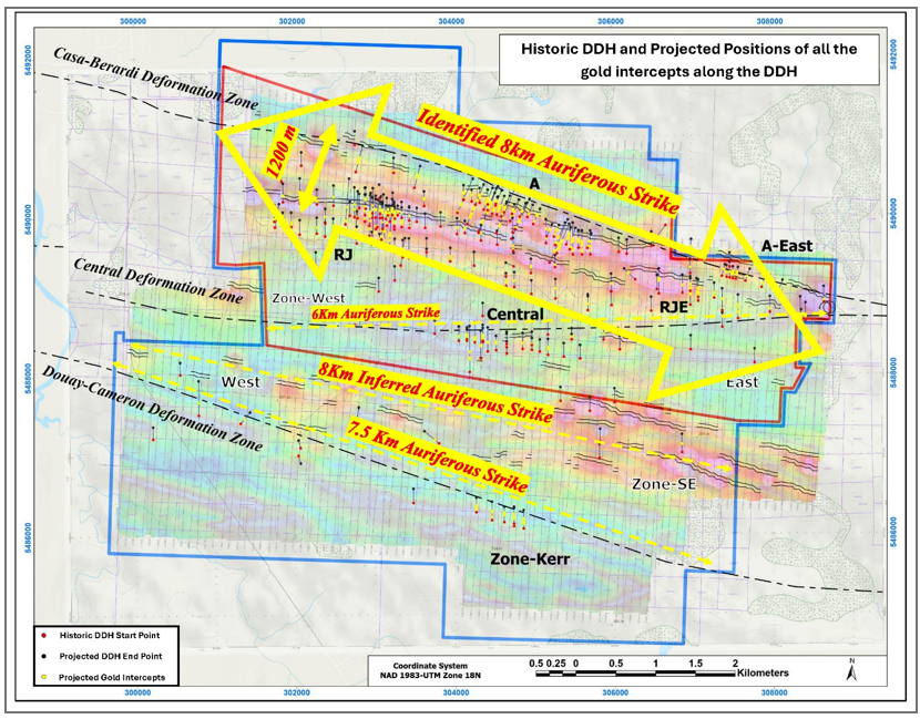 N2 Gold Project - Historic DDH and projected positions of all gold intercepts showing grade