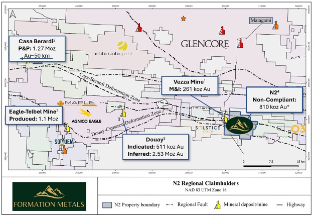 N2 Gold Project regional claimholders map - Casa Berardi Deformation Zone