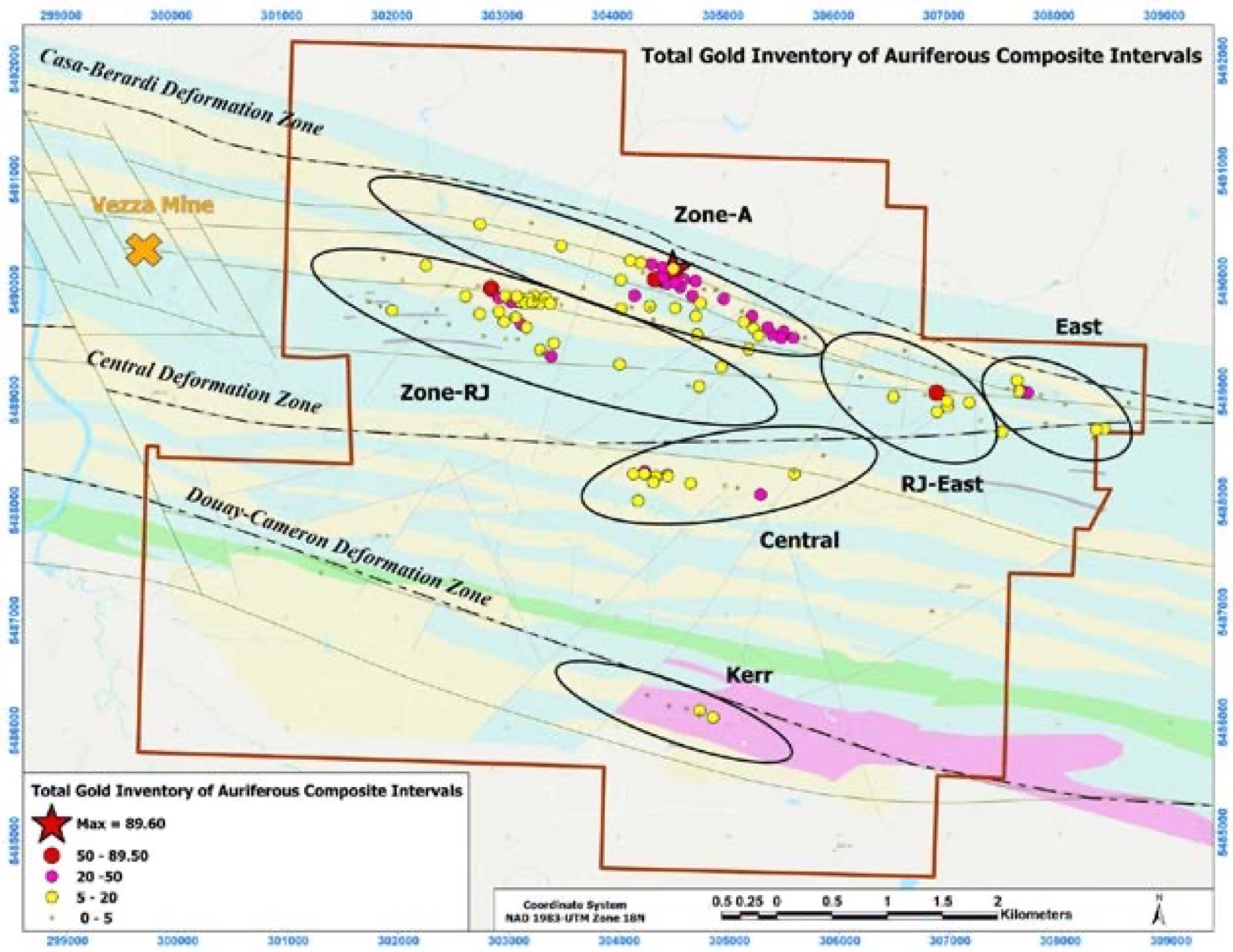 Figure 1 - Property overview summarizing historical work completed at each of the six mineralized zones and their respective historical resource.