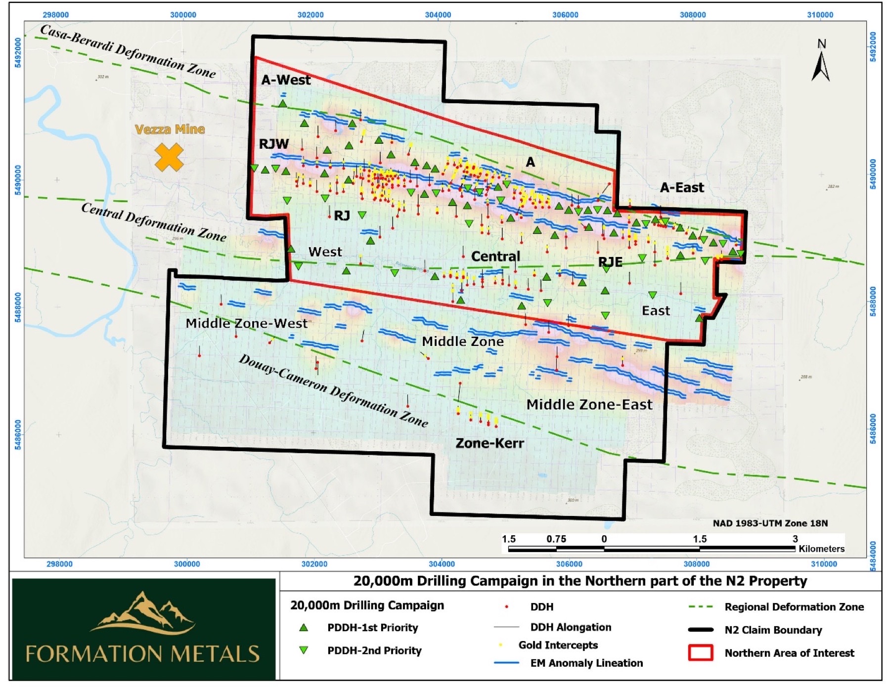 Figure 3 - Property overview summarizing historical work completed at each of the six mineralized zones and their respective historical resource.