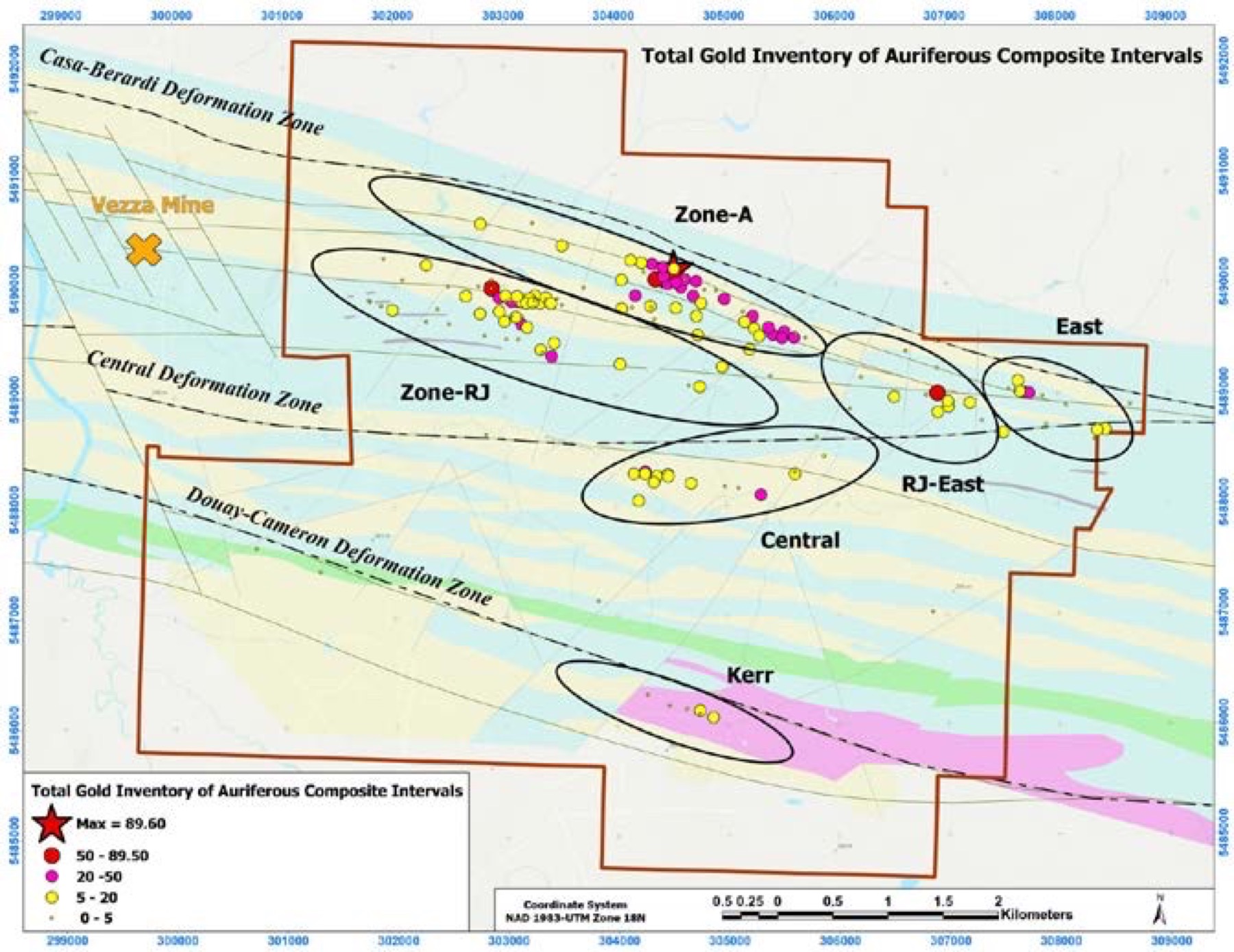 Figure 5 - Property overview summarizing historical work completed at each of the six mineralized zones and their respective historical resource.